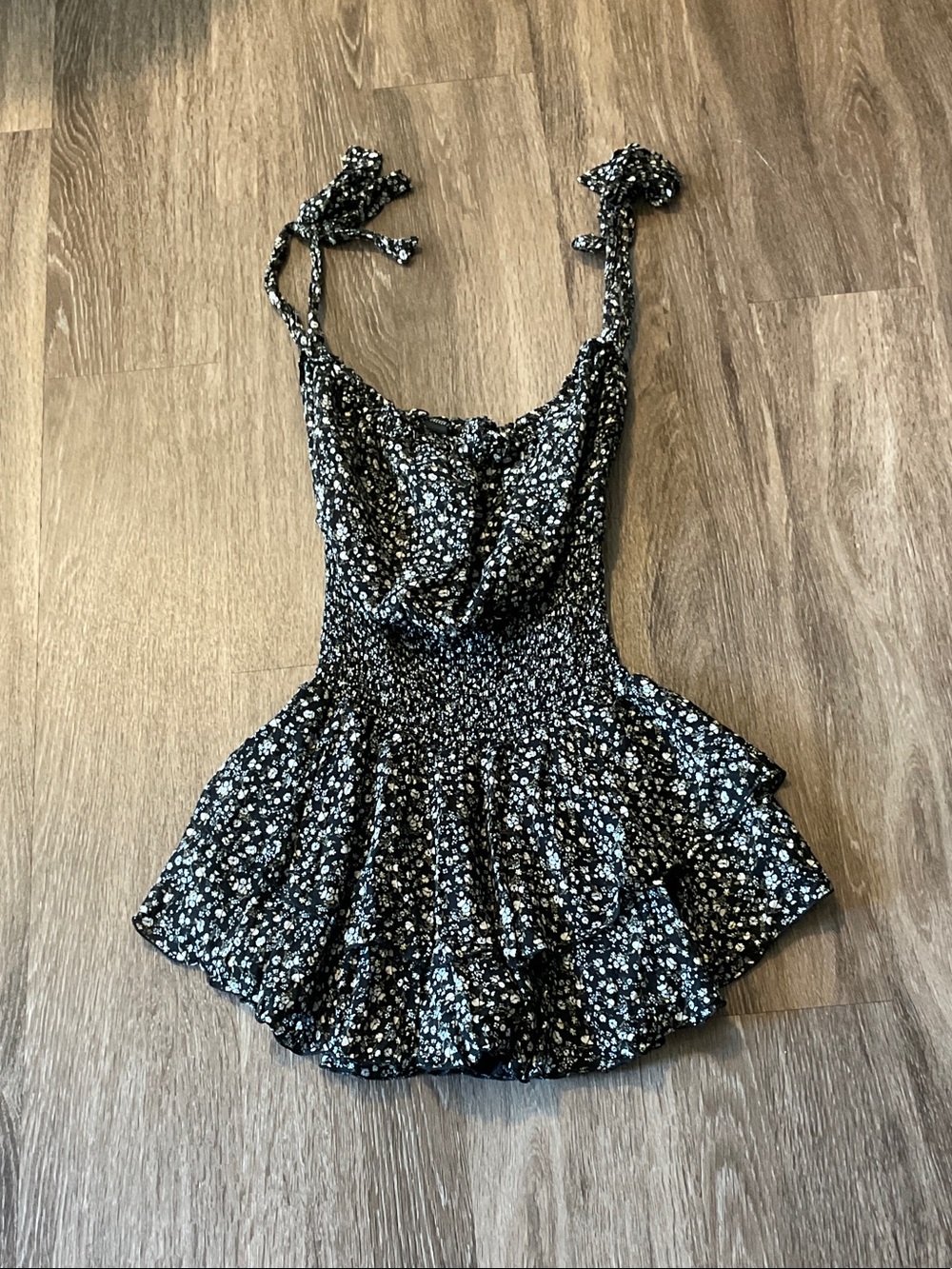 Forever 21 Black Floral Smocked Tie-Shoulder dress